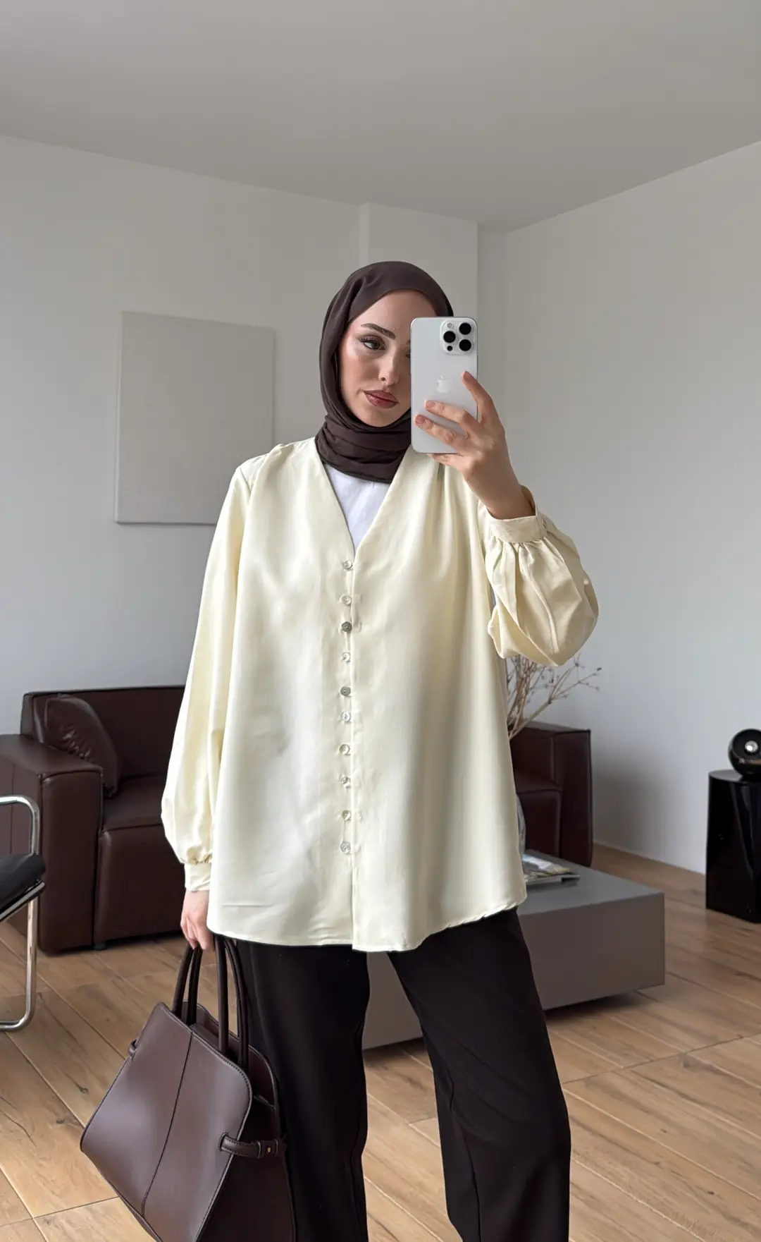 Büzgü Detaylı Dökümlü Gömlek Sarı - Görsel 6