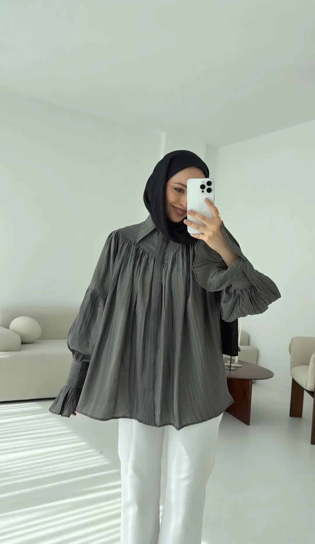 Büzgülü Gömlek Antrasit - Görsel 9