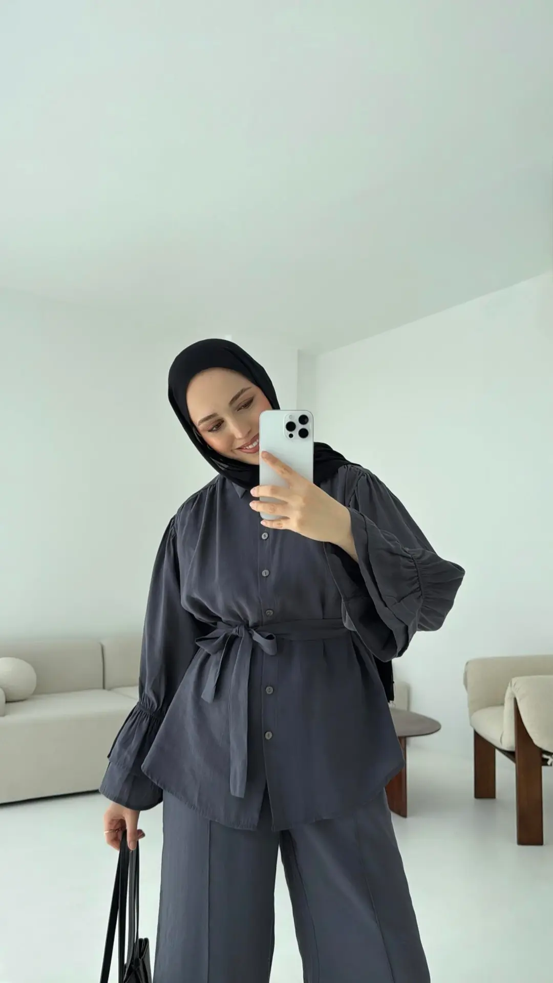 Büzgülü Oversize Gömlek Takım Antrasit - Görsel 4