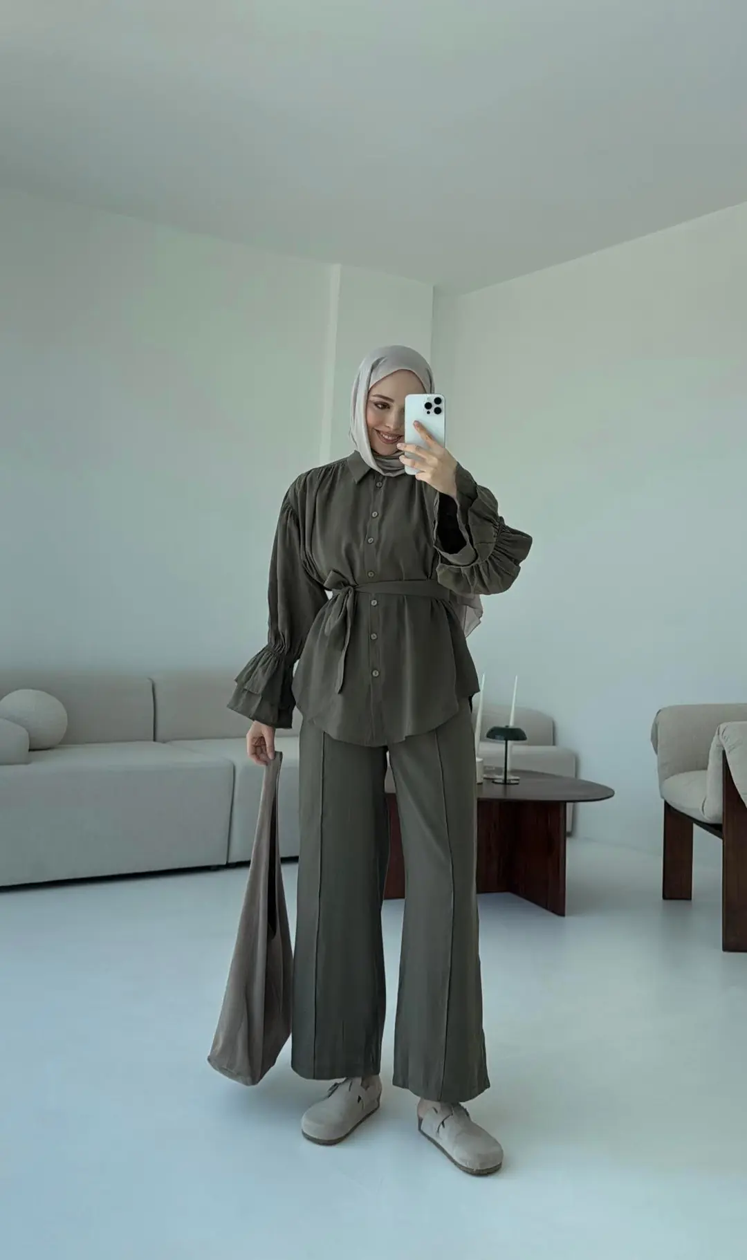 Büzgülü Oversize Gömlek Takım Haki - Görsel 2