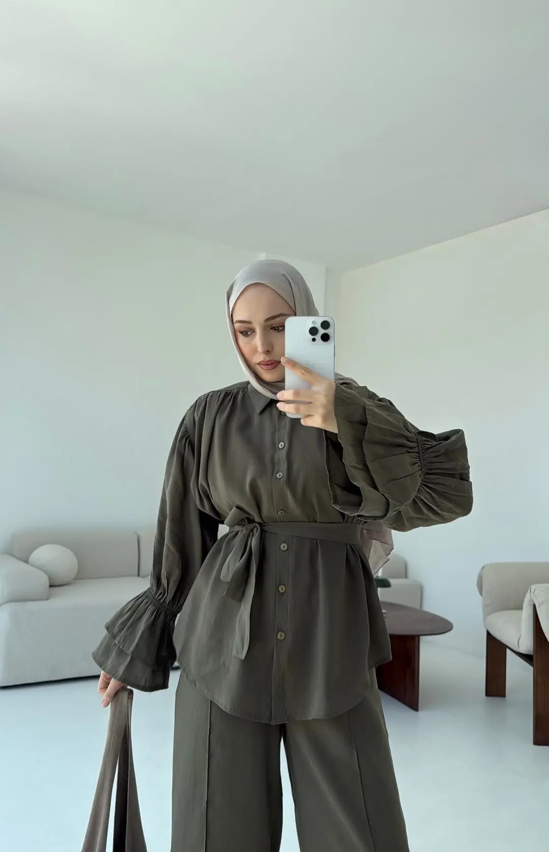 Büzgülü Oversize Gömlek Takım Haki - Görsel 3