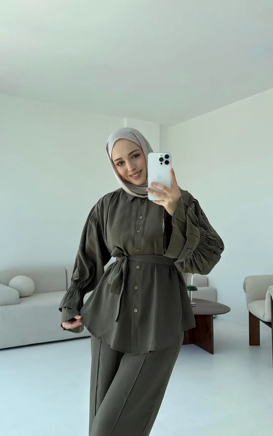 Büzgülü Oversize Gömlek Takım Haki - Görsel 4