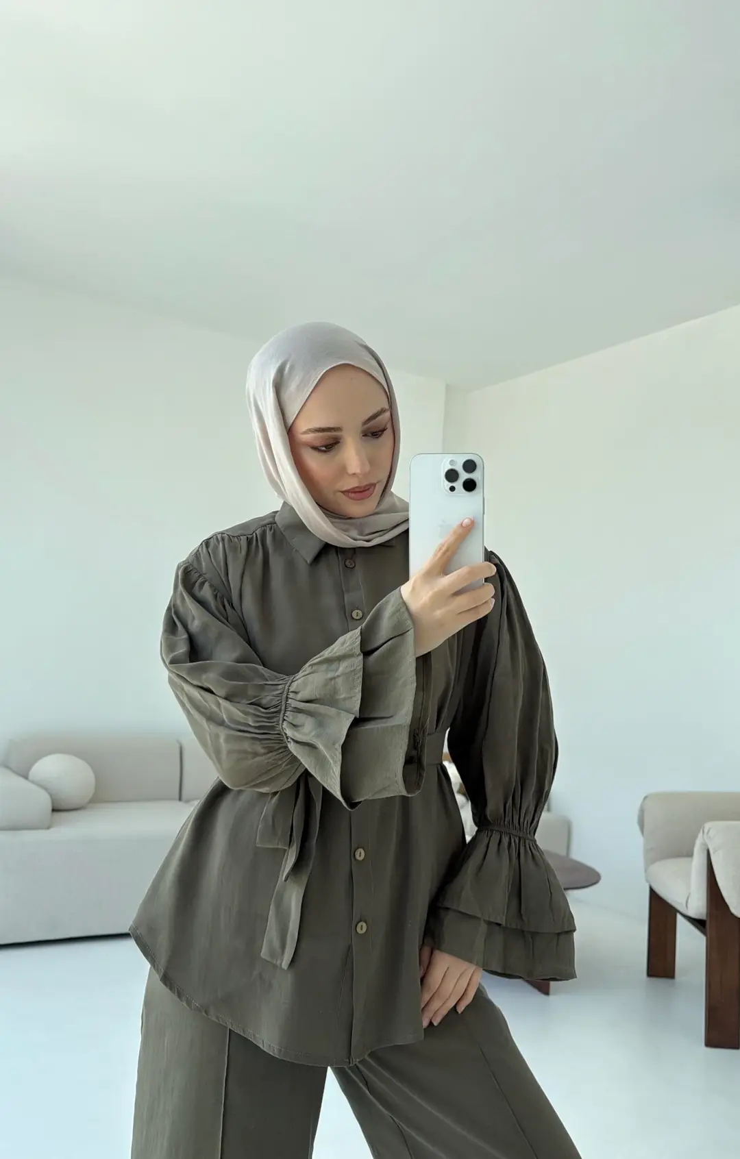 Büzgülü Oversize Gömlek Takım Haki - Görsel 7