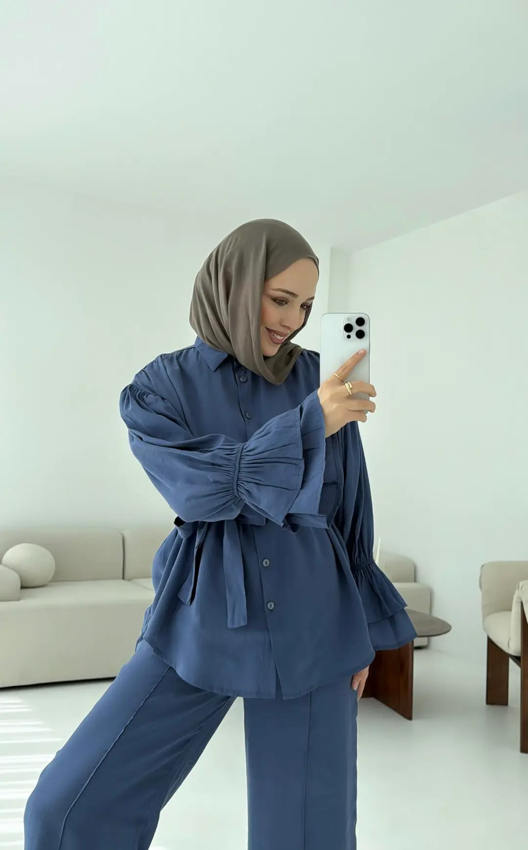 Büzgülü Oversize Gömlek Takım İndigo