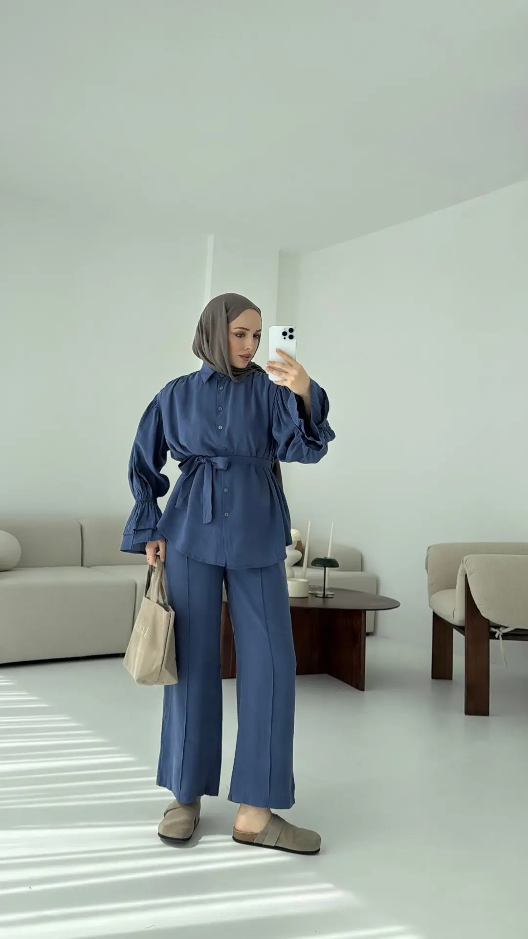 Büzgülü Oversize Gömlek Takım İndigo - Görsel 4