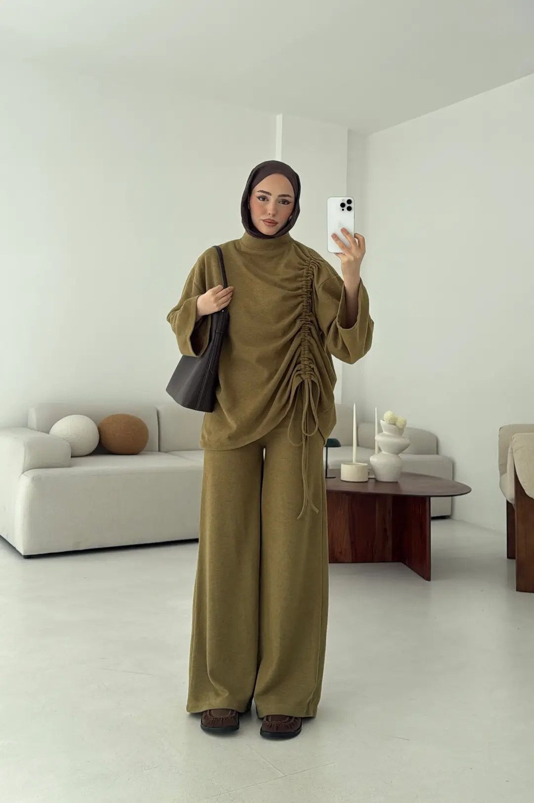 Bluzu Yandan Biyeli Takım  Yağ yeşili - Görsel 5