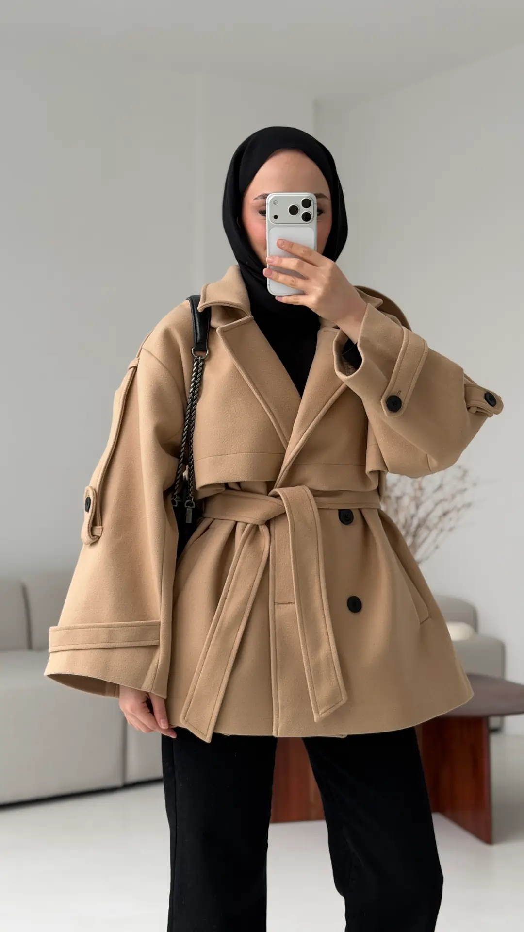 Camel Düğmeli Kol Manşetli Kaşe Kaban - Görsel 2