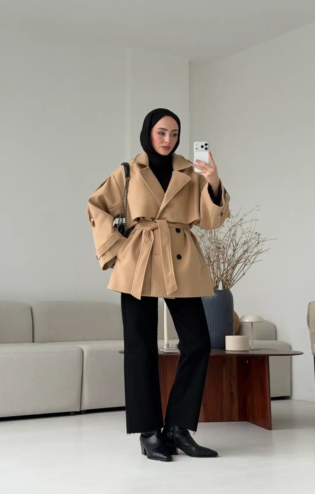 Camel Düğmeli Kol Manşetli Kaşe Kaban - Görsel 3