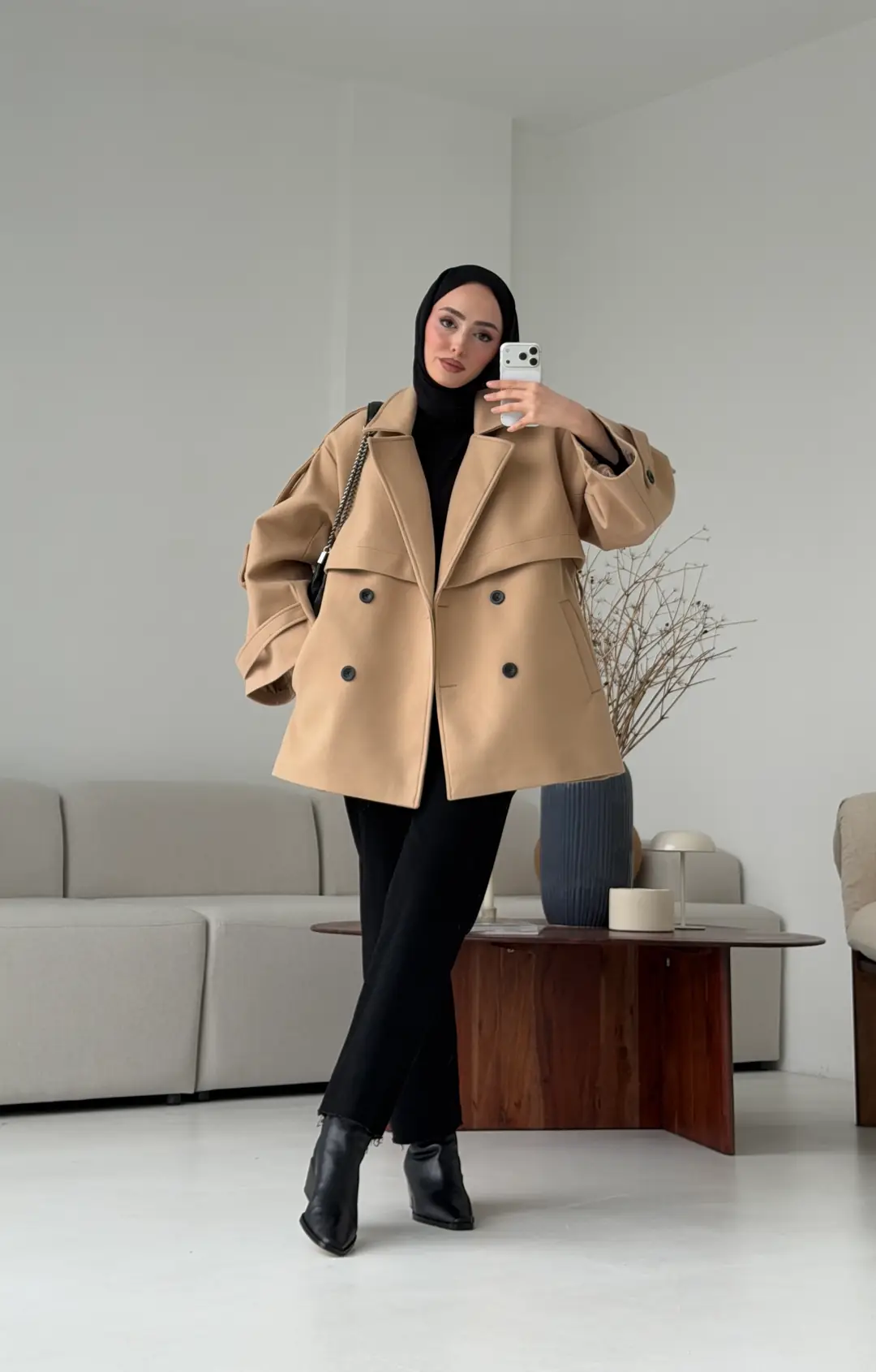 Camel Düğmeli Kol Manşetli Kaşe Kaban - Görsel 5