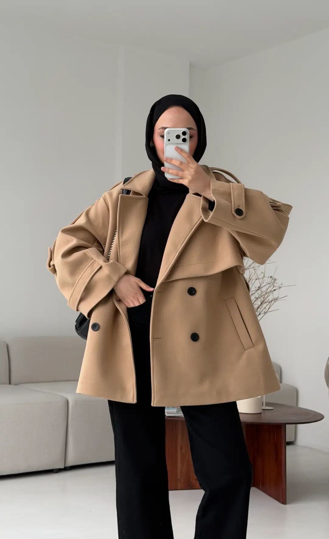 Camel Düğmeli Kol Manşetli Kaşe Kaban - Görsel 6