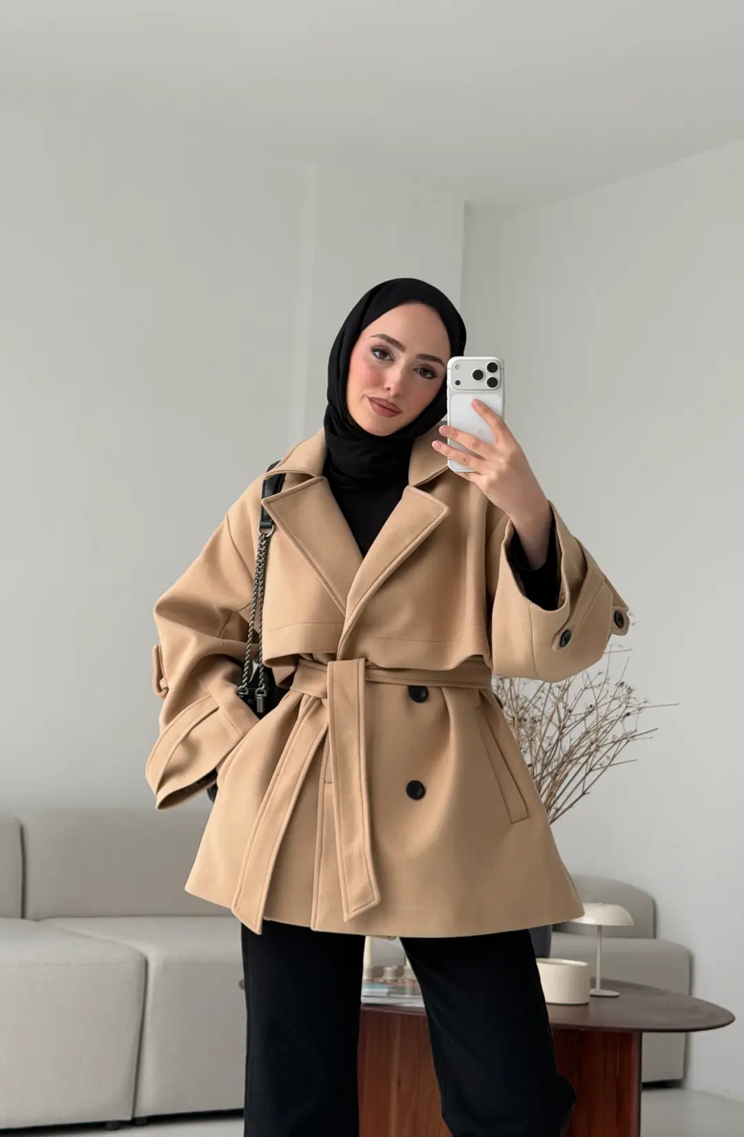 Camel Düğmeli Kol Manşetli Kaşe Kaban - Görsel 7