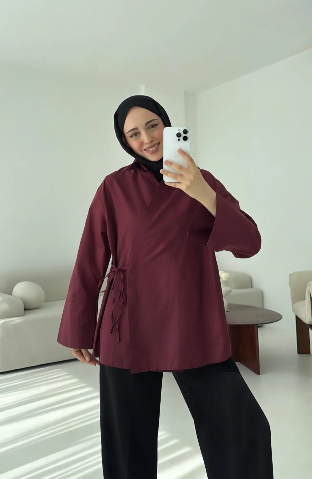 Çapraz Bağlamalı Kol Detay Gömlek Bordo - Görsel 4