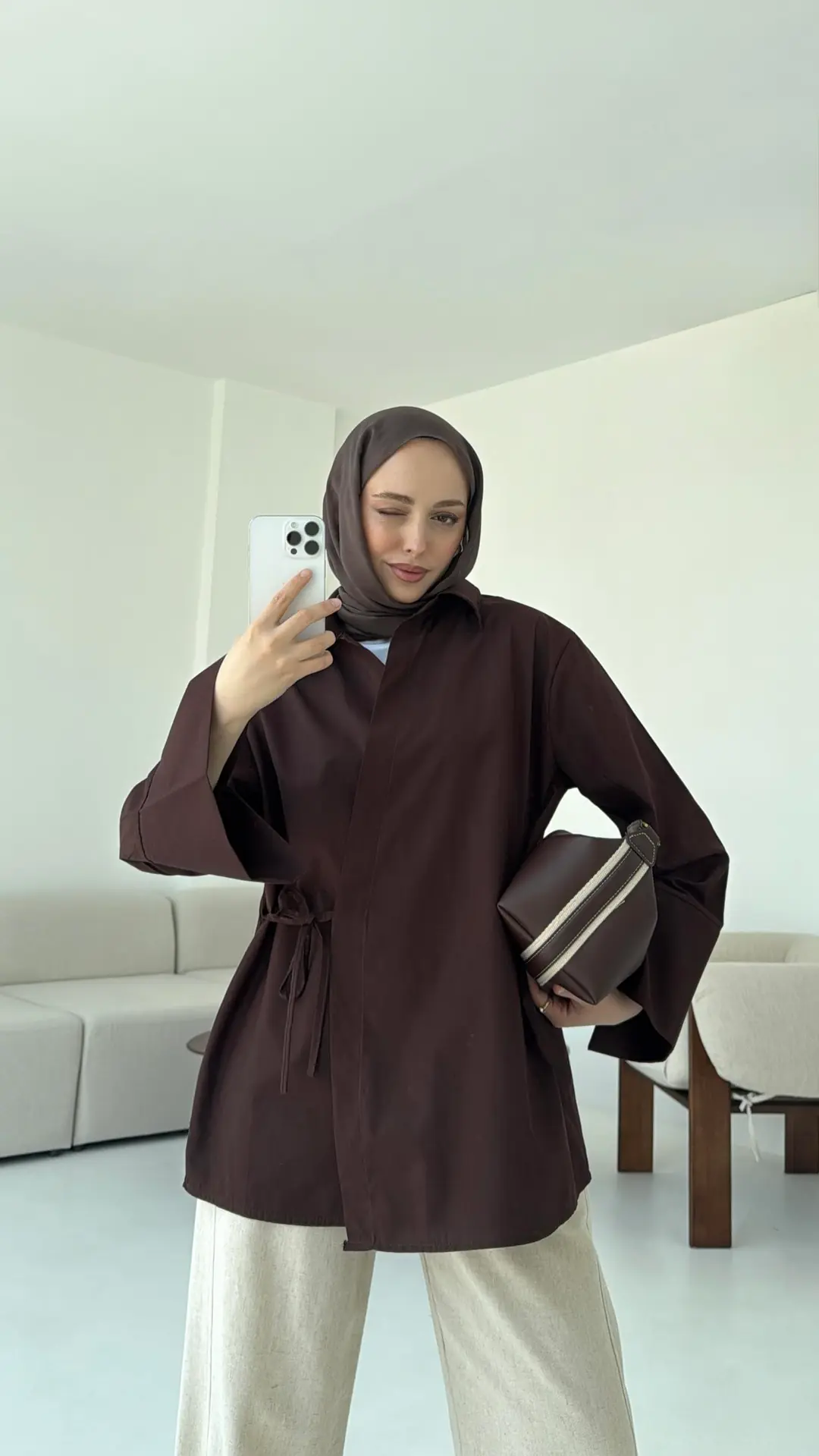 Çapraz Bağlamalı Kol Detay Gömlek Kahve - Görsel 4