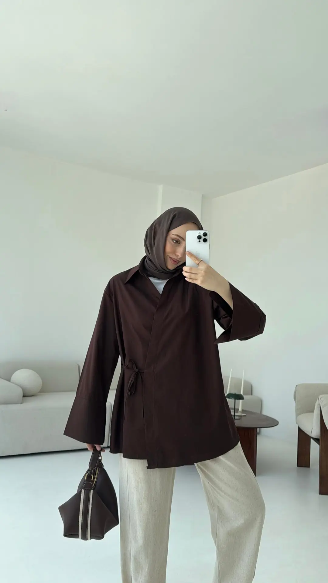 Çapraz Bağlamalı Kol Detay Gömlek Kahve - Görsel 6