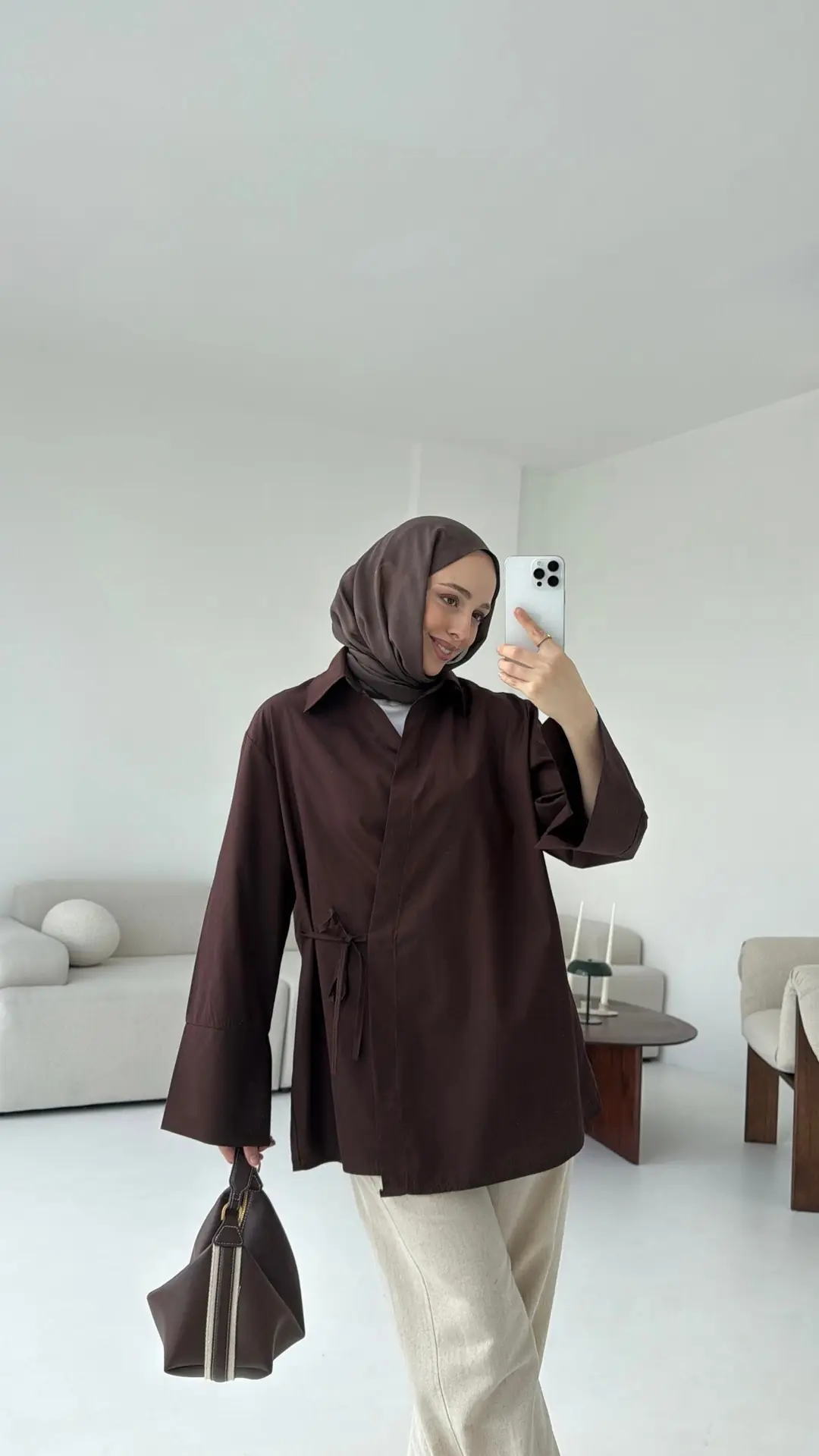 Çapraz Bağlamalı Kol Detay Gömlek Kahve - Görsel 7