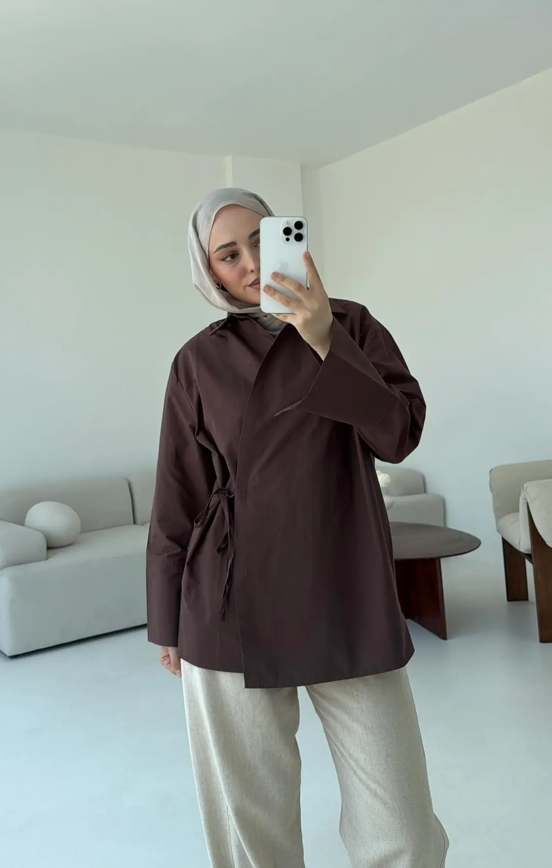 Çapraz Bağlamalı Kol Detay Gömlek Kahve - Görsel 5