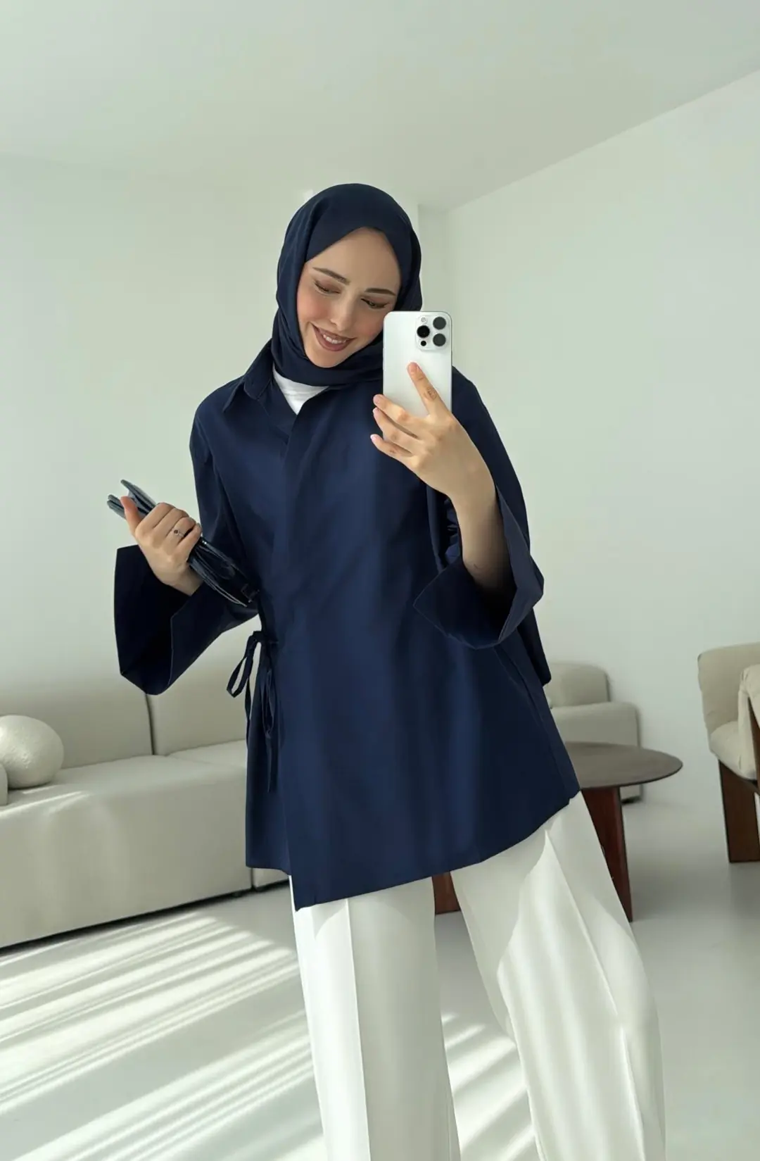 Çapraz Bağlamalı Kol Detay Gömlek Lacivert - Görsel 4