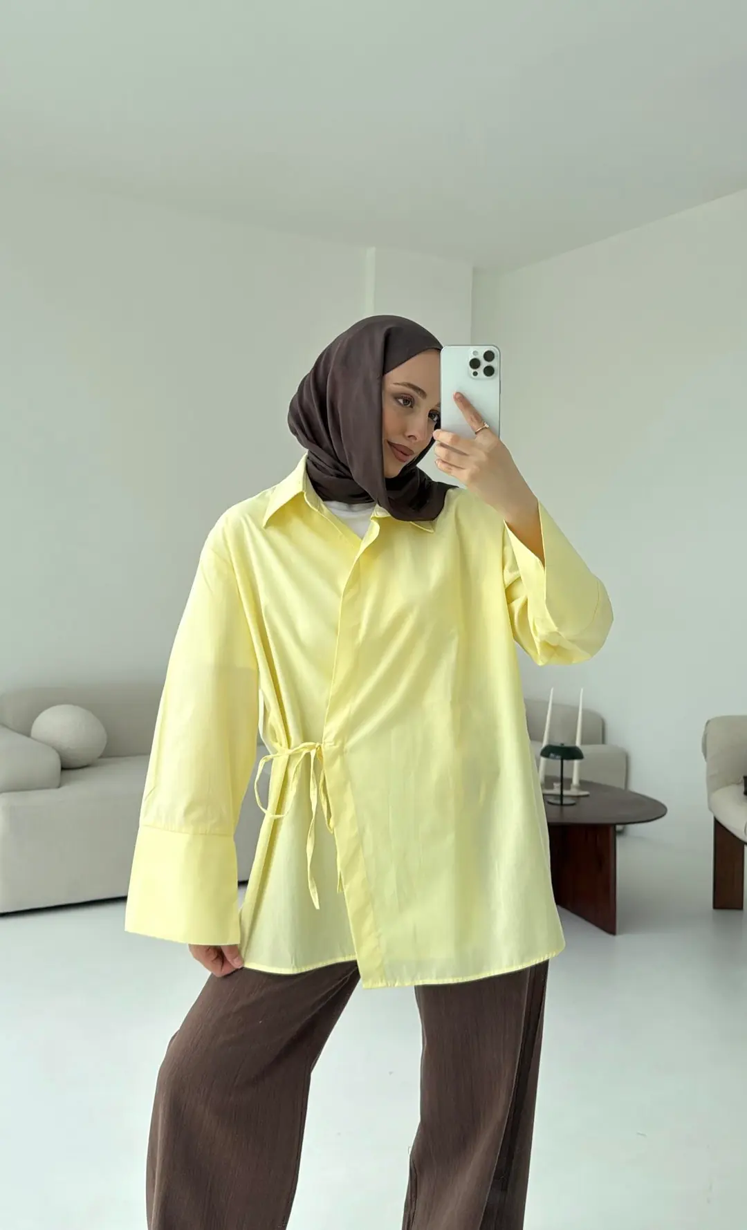 Çapraz Bağlamalı Kol Detay Gömlek Sarı