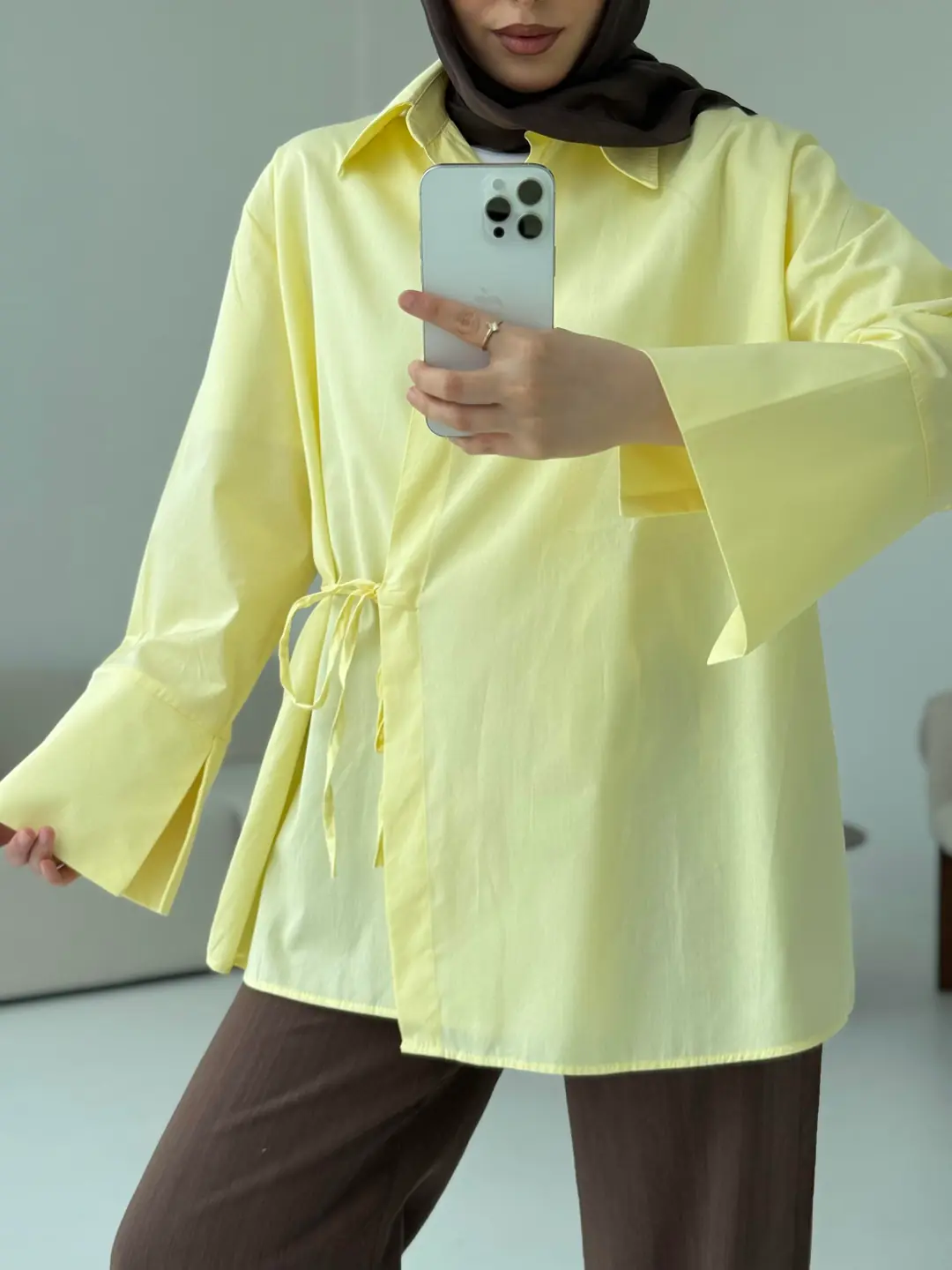 Çapraz Bağlamalı Kol Detay Gömlek Sarı - Görsel 5