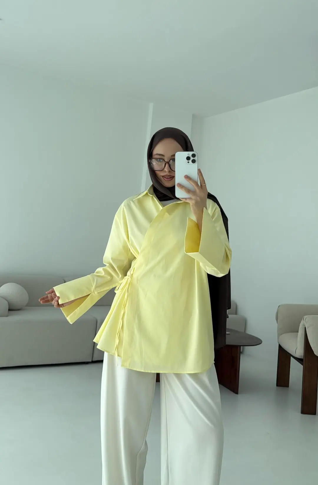 Çapraz Bağlamalı Kol Detay Gömlek Sarı - Görsel 3