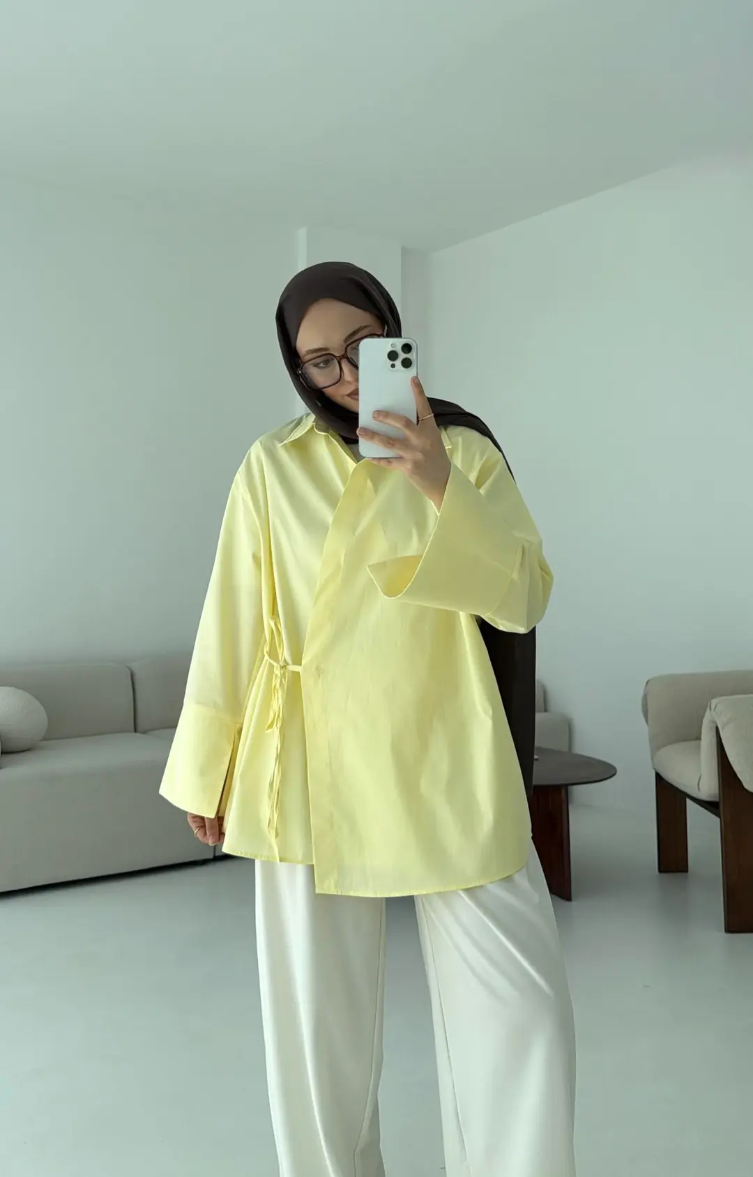 Çapraz Bağlamalı Kol Detay Gömlek Sarı - Görsel 7