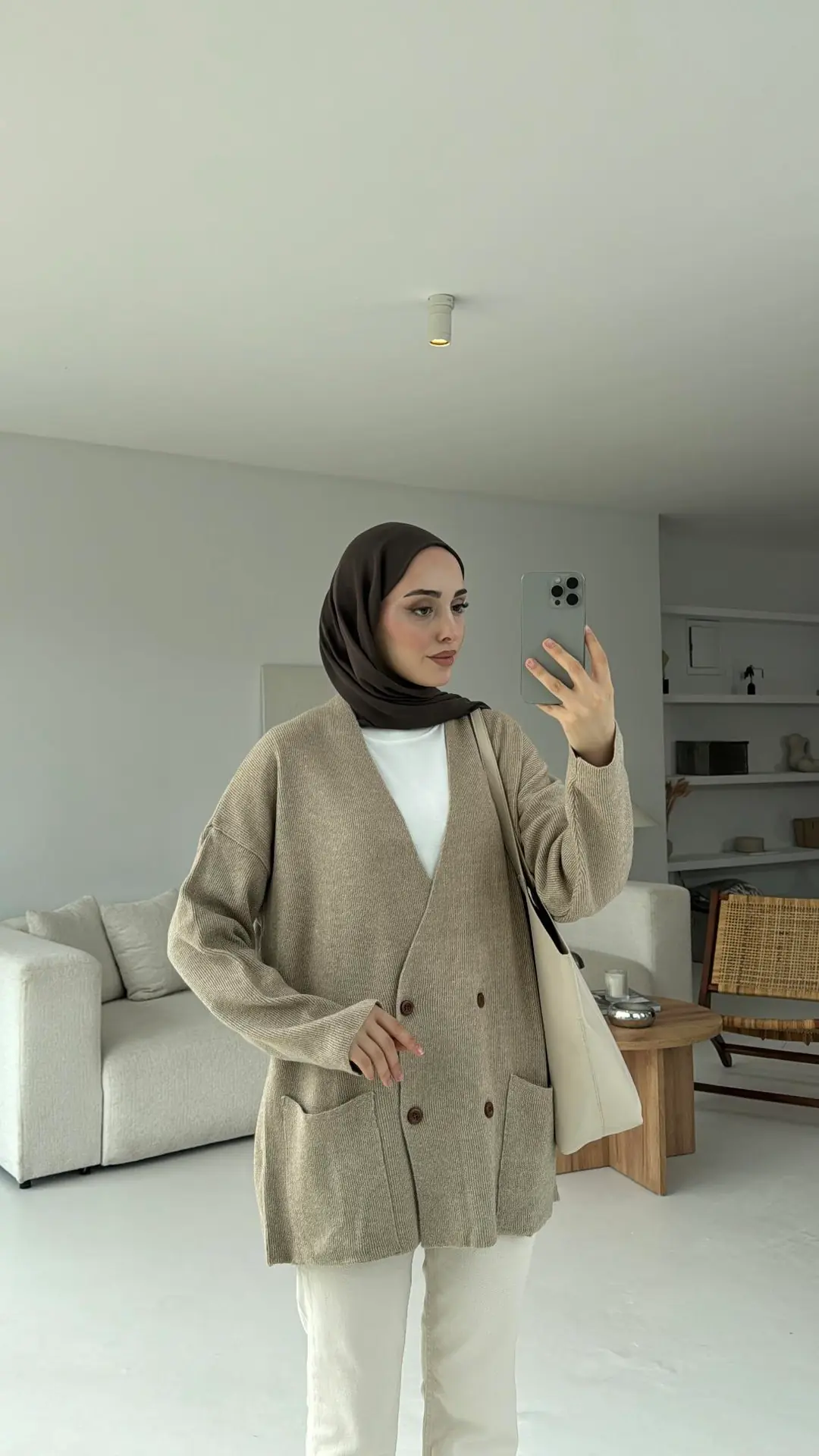 Düğmeli Cepli Triko Hırka Vizon