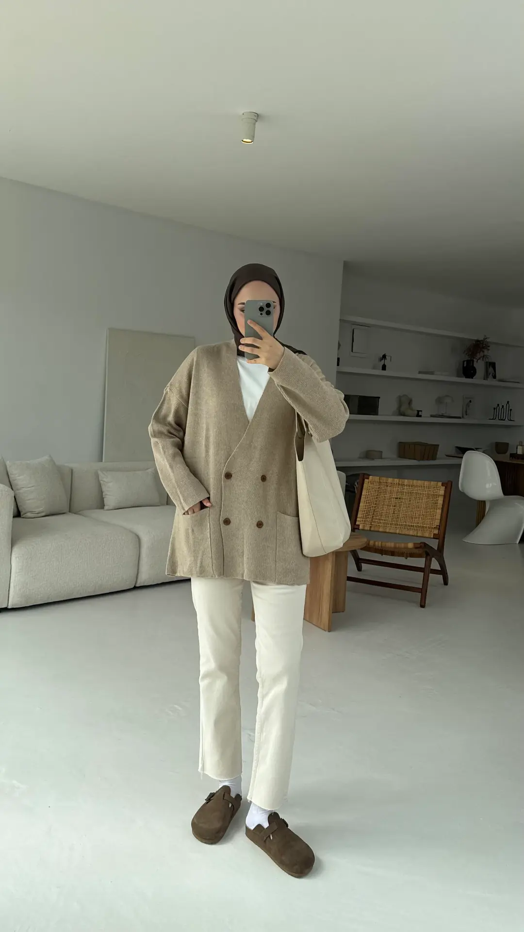 Düğmeli Cepli Triko Hırka Vizon - Görsel 2