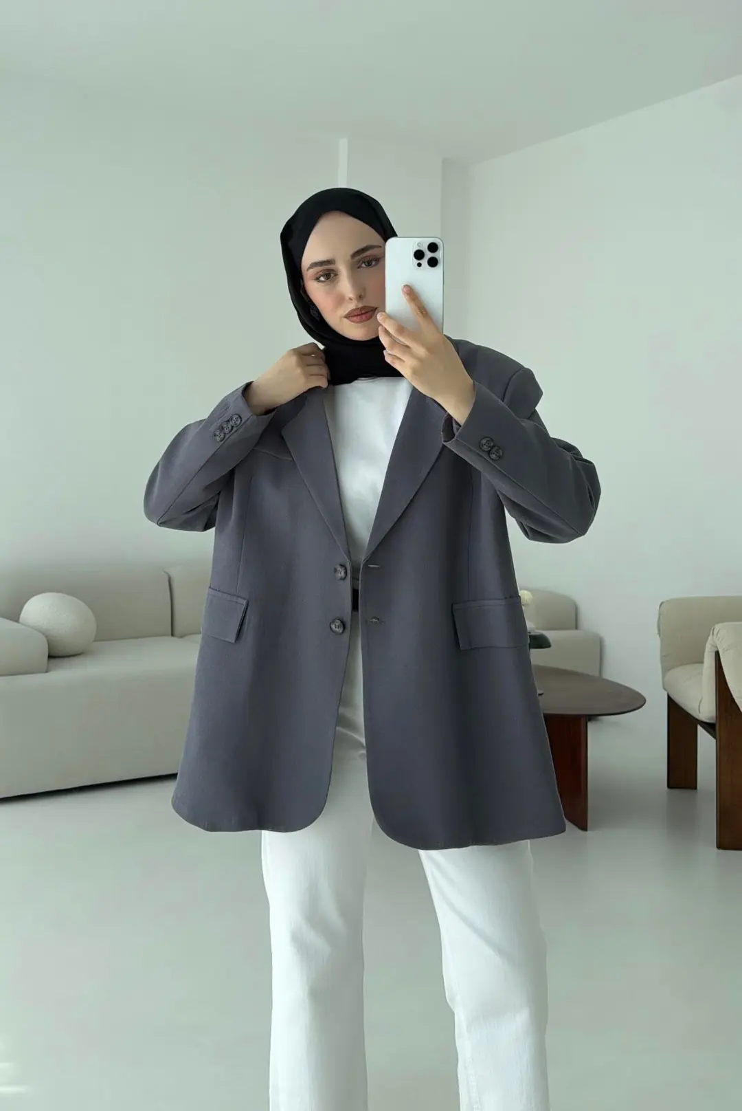 Çift Dügmeli Keten Blazer Antrasit