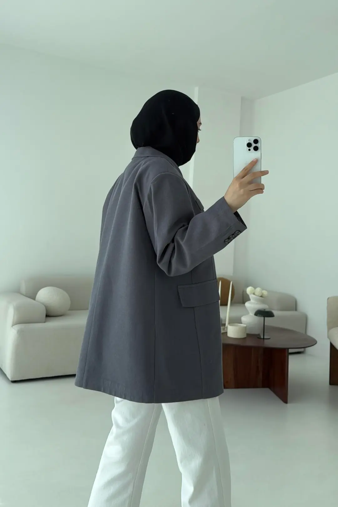 Çift Dügmeli Keten Blazer Antrasit - Görsel 3