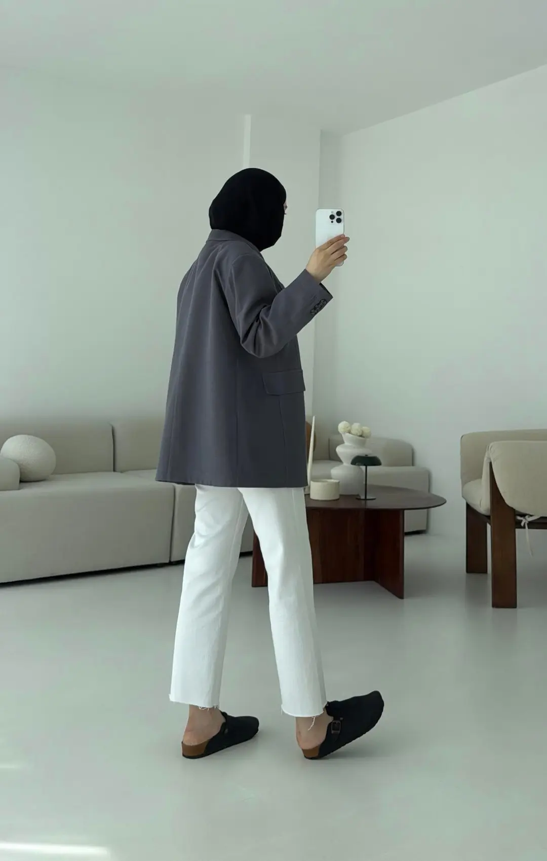 Çift Dügmeli Keten Blazer Antrasit - Görsel 4