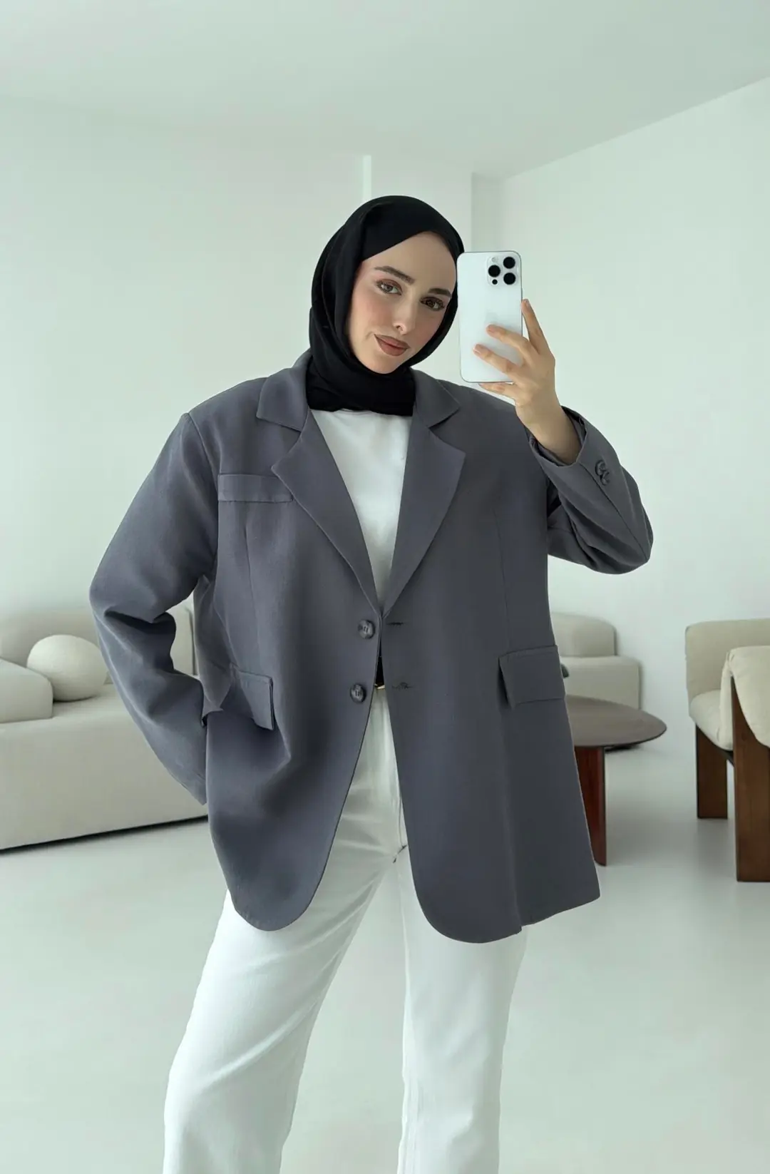 Çift Dügmeli Keten Blazer Antrasit - Görsel 6