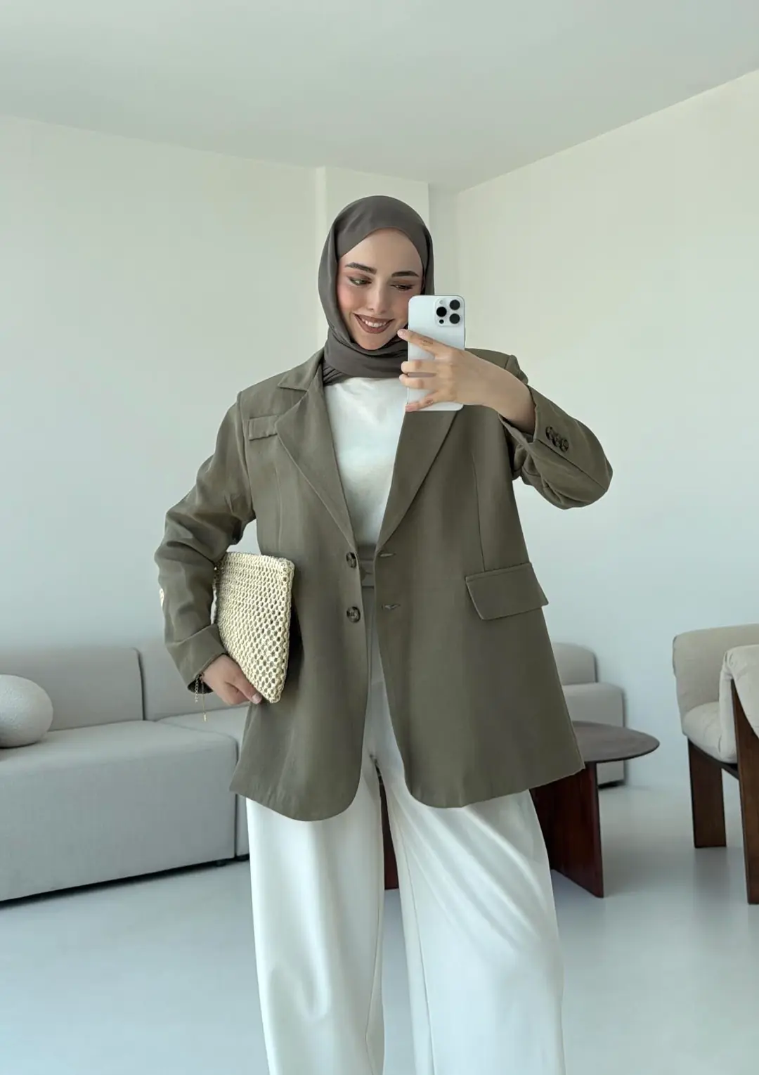 Çift Dügmeli Keten Blazer Haki - Görsel 3