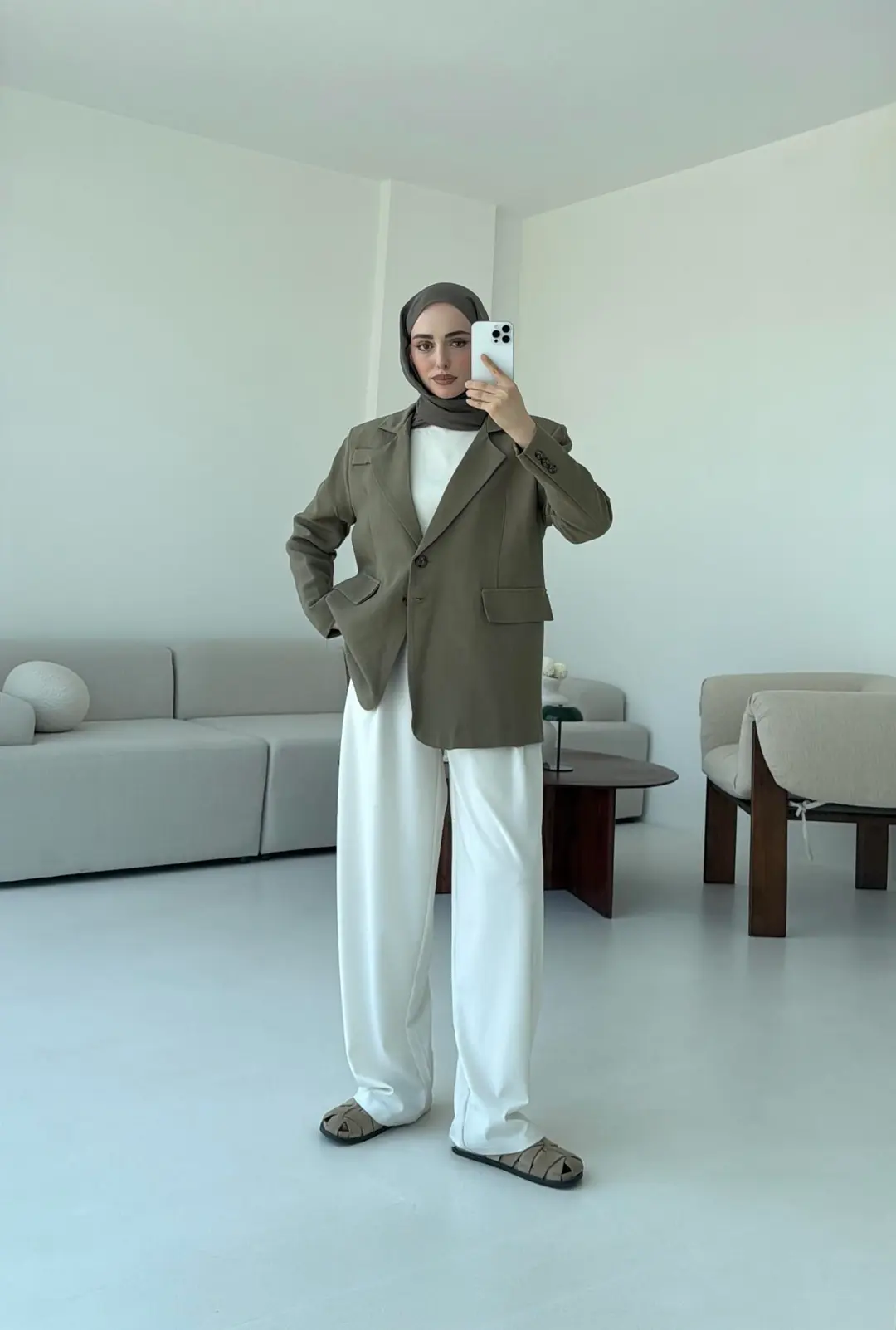 Çift Dügmeli Keten Blazer Haki - Görsel 6