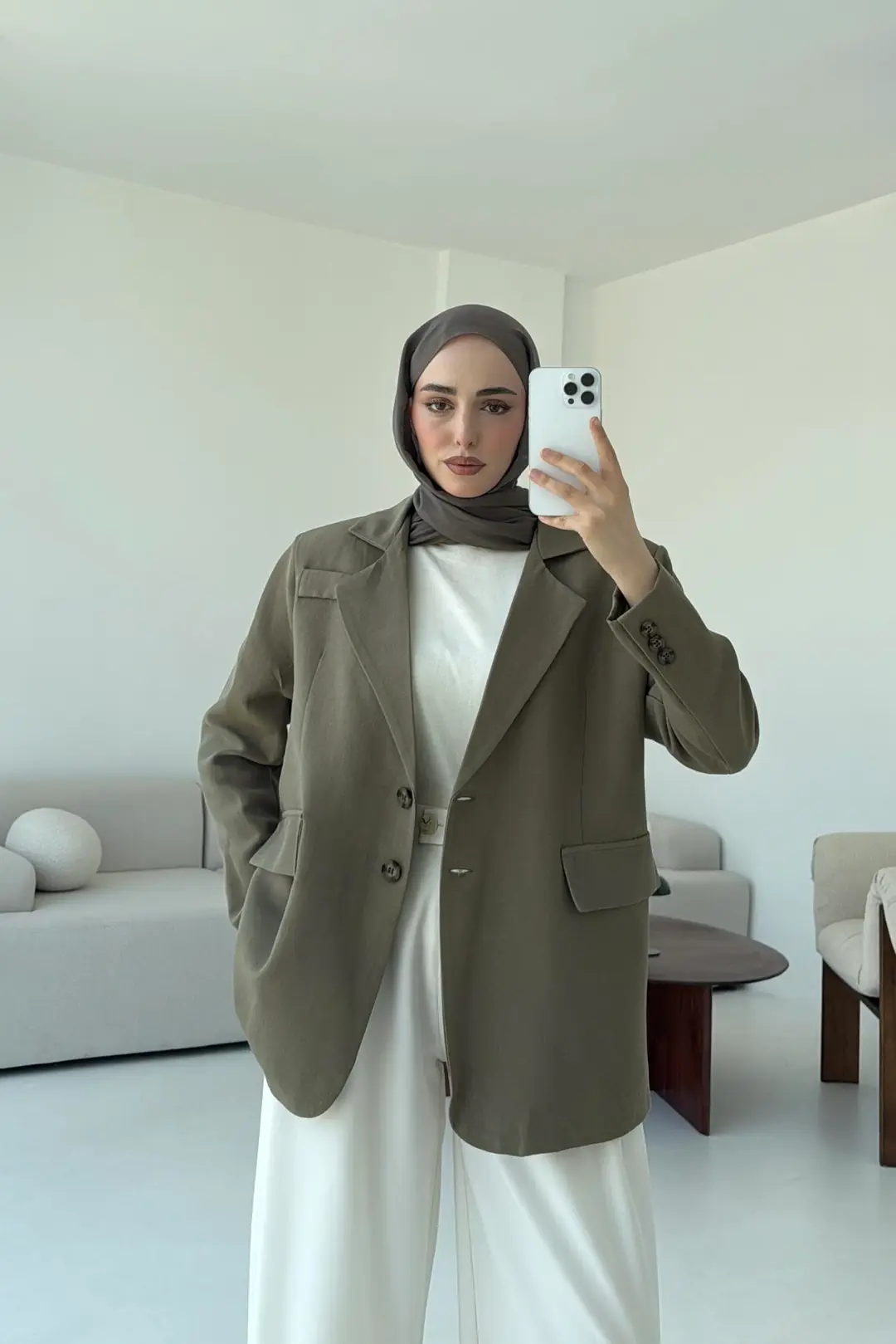 Çift Dügmeli Keten Blazer Haki - Görsel 7