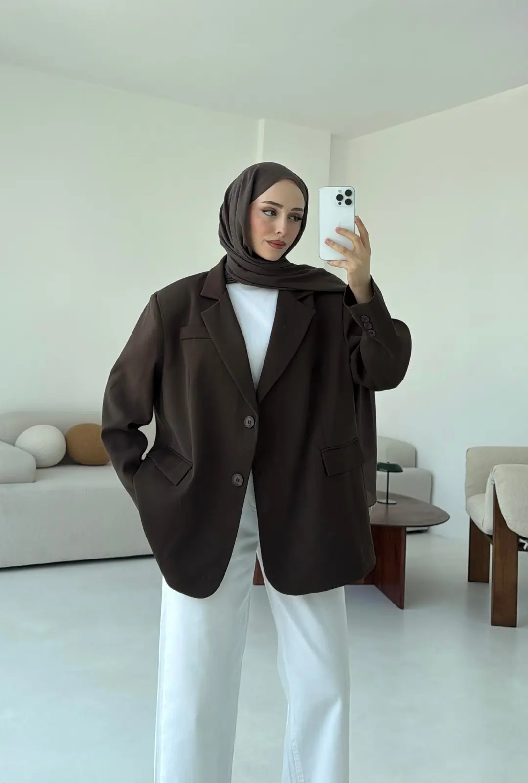 Çift Dügmeli Oversize Blazer Ceket Kahve - Görsel 5