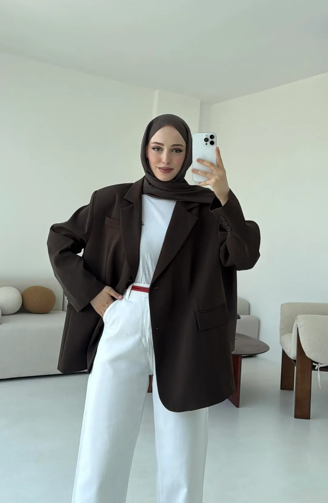 Çift Dügmeli Oversize Blazer Ceket Kahve - Görsel 9