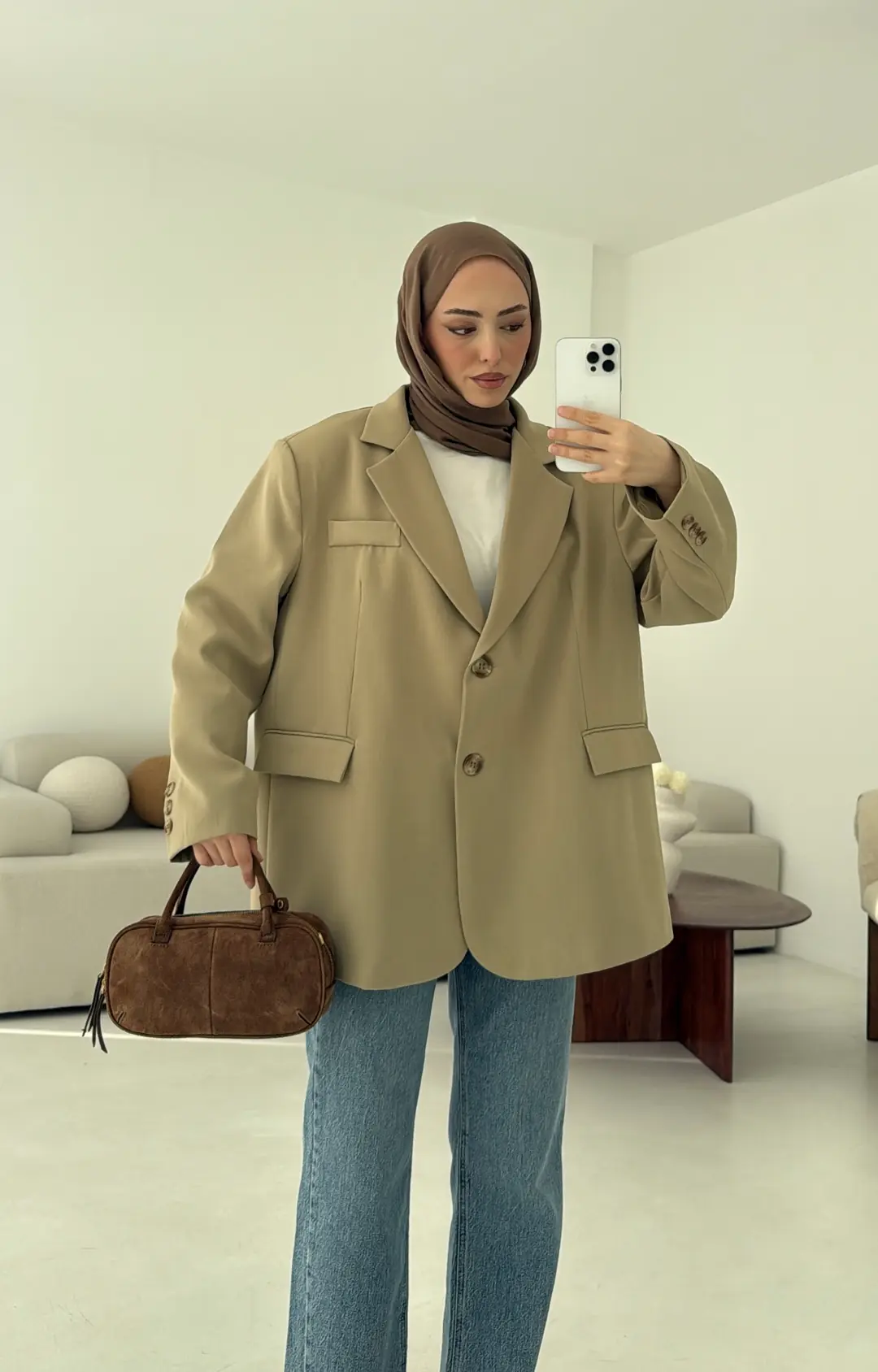 Çift Dügmeli Oversize Blazer Ceket Olive - Görsel 6
