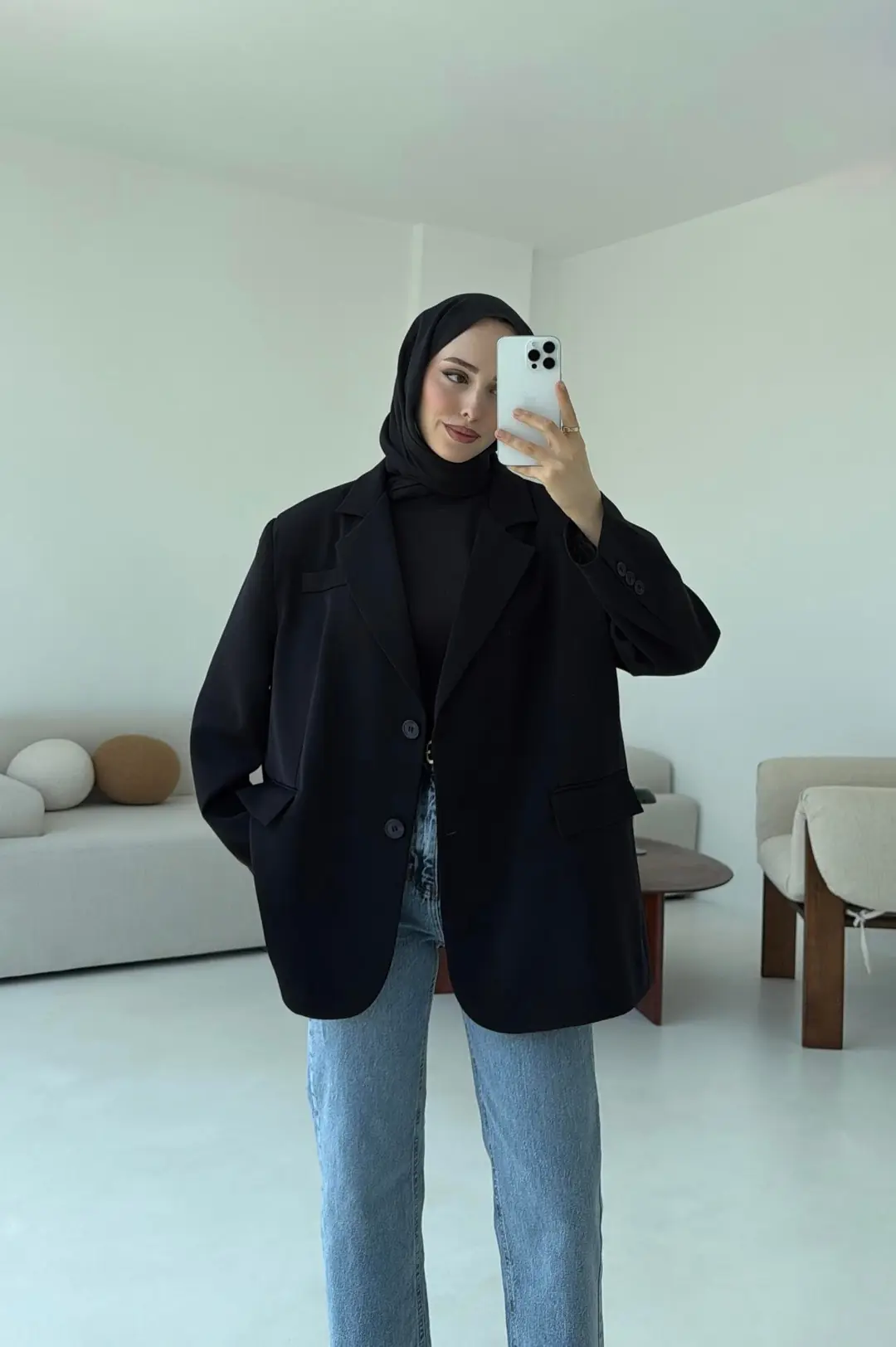 Çift Dügmeli Oversize Blazer Ceket Siyah - Görsel 6