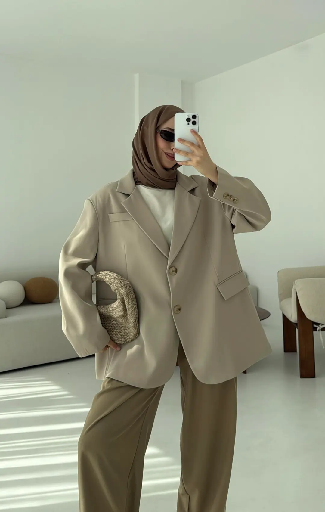 Çift Dügmeli Oversize Blazer Ceket Taş