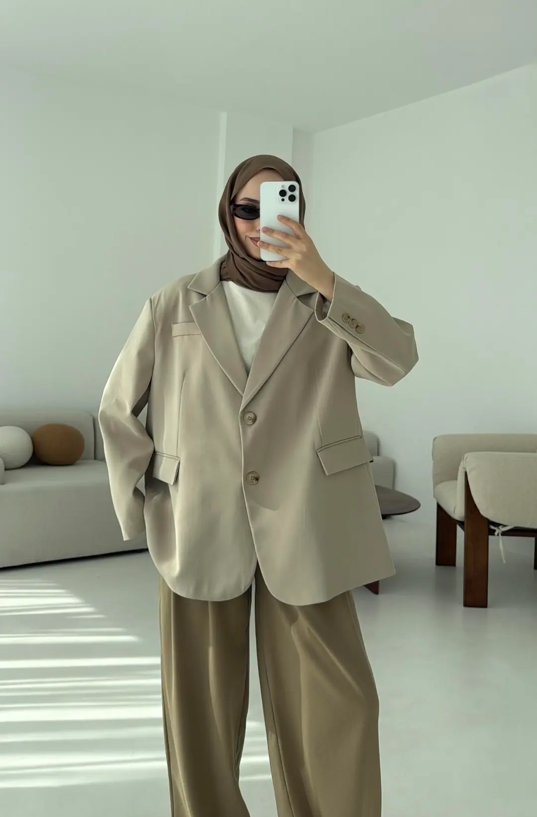 Çift Dügmeli Oversize Blazer Ceket Taş - Görsel 4