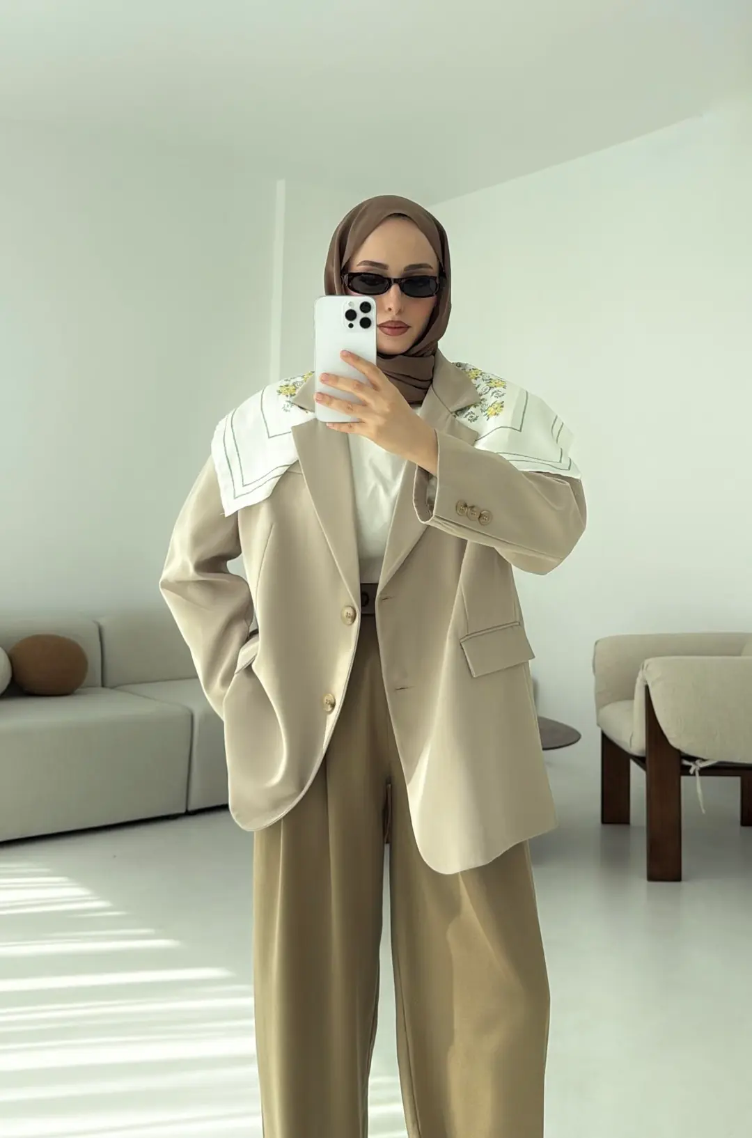 Çift Dügmeli Oversize Blazer Ceket Taş - Görsel 7