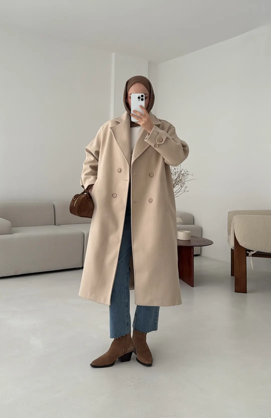 Çift Düğmeli Uzun Kaban Bej - Görsel 4