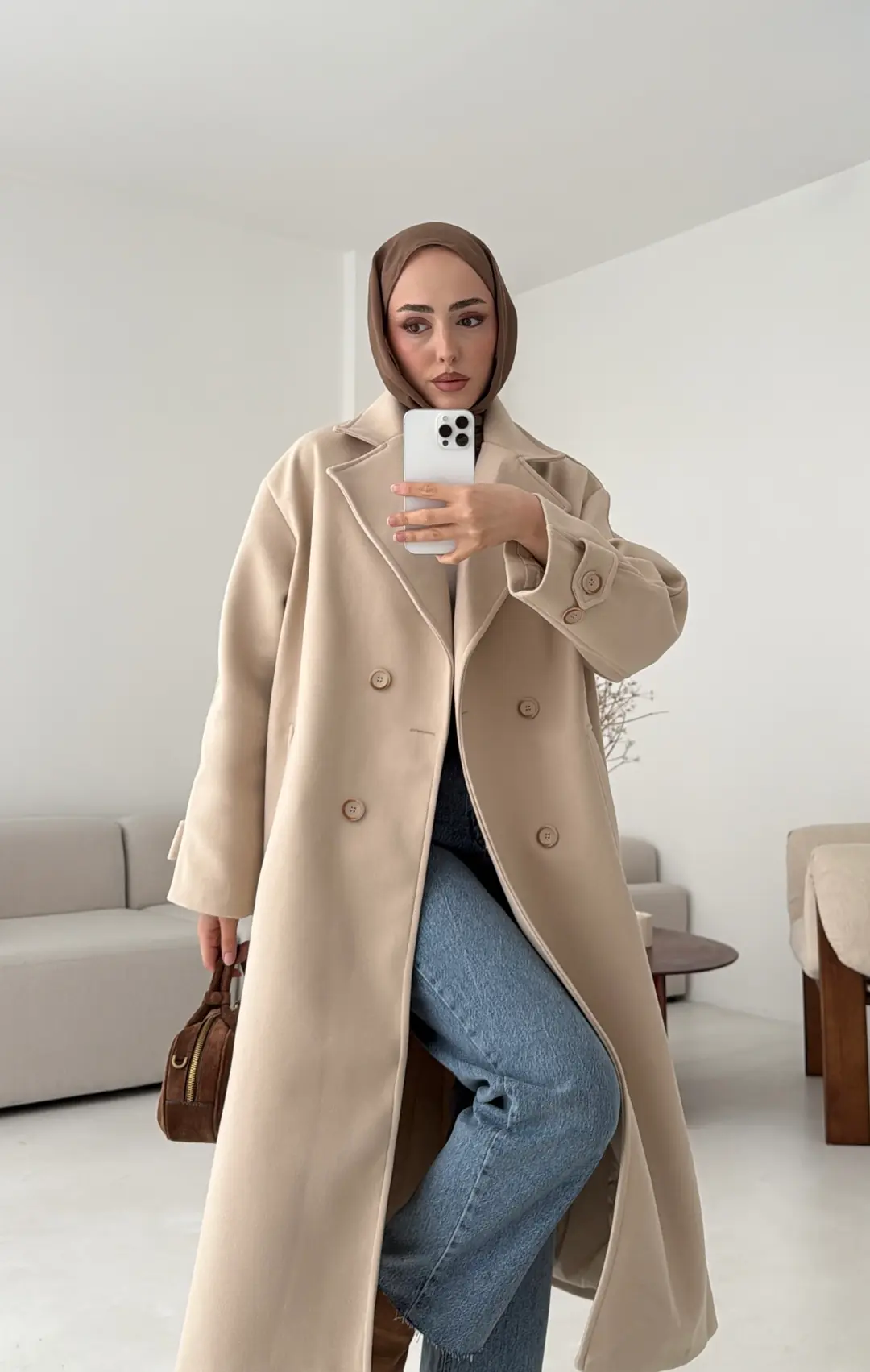 Çift Düğmeli Uzun Kaban Bej - Görsel 5