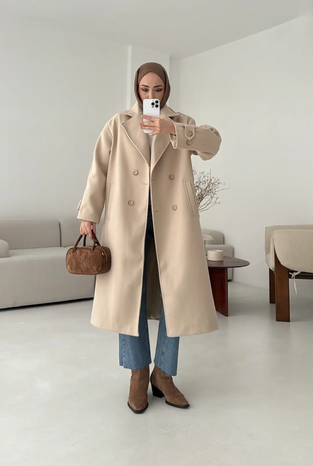 Çift Düğmeli Uzun Kaban Bej - Görsel 7