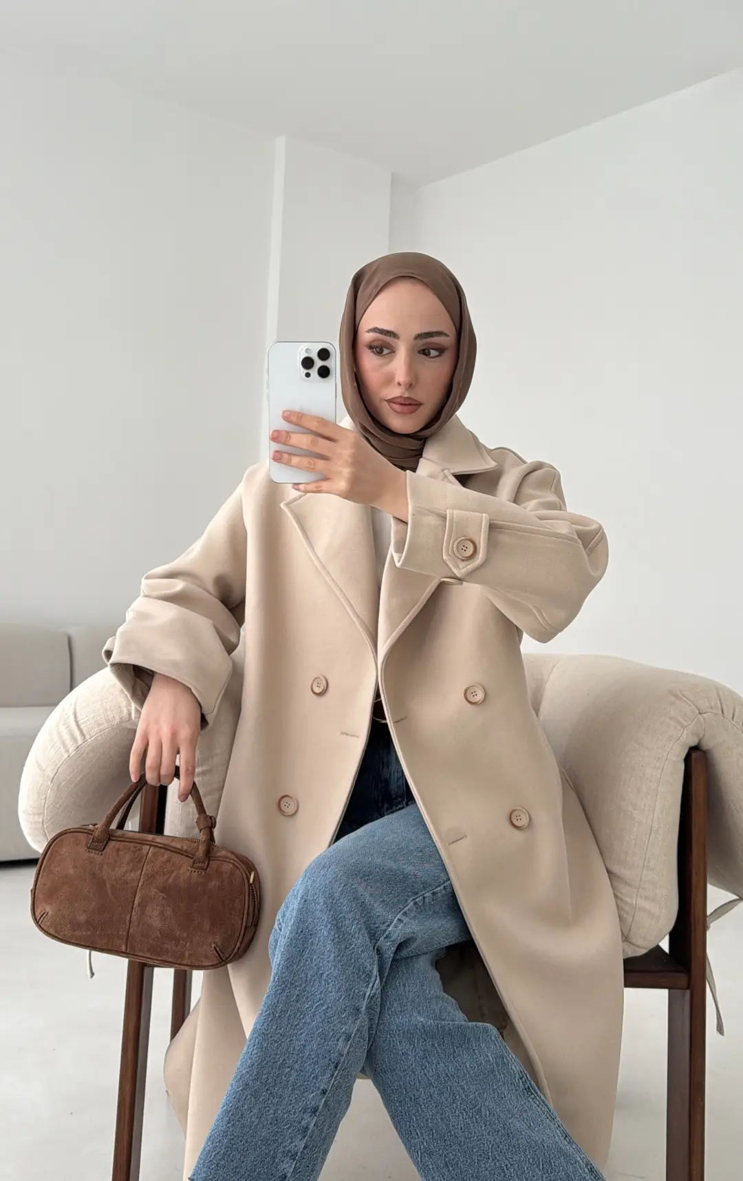 Çift Düğmeli Uzun Kaban Bej - Görsel 9