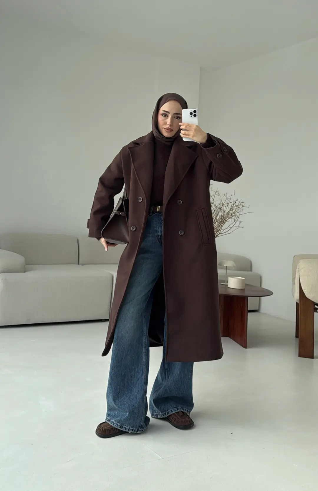 Çift Düğmeli Uzun Kaban Kahve