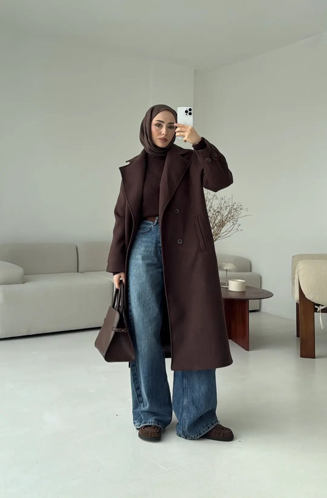 Çift Düğmeli Uzun Kaban Kahve - Görsel 2