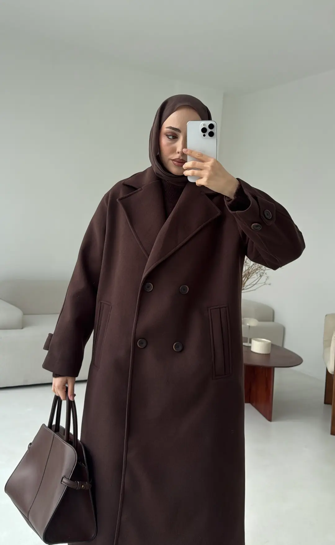 Çift Düğmeli Uzun Kaban Kahve - Görsel 5