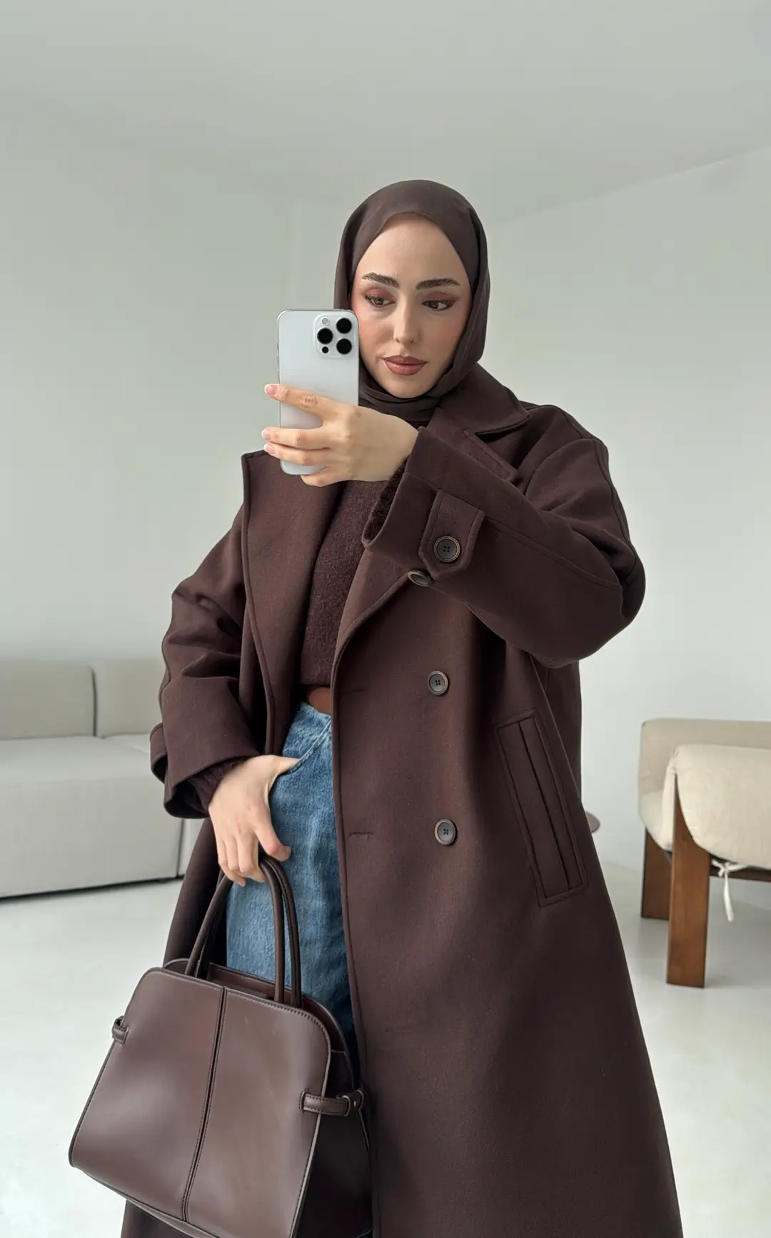 Çift Düğmeli Uzun Kaban Kahve - Görsel 7