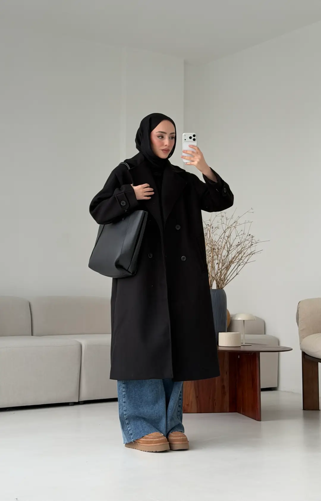 Çift Dügmeli Uzun Kaşe Kaban Siyah - Görsel 3